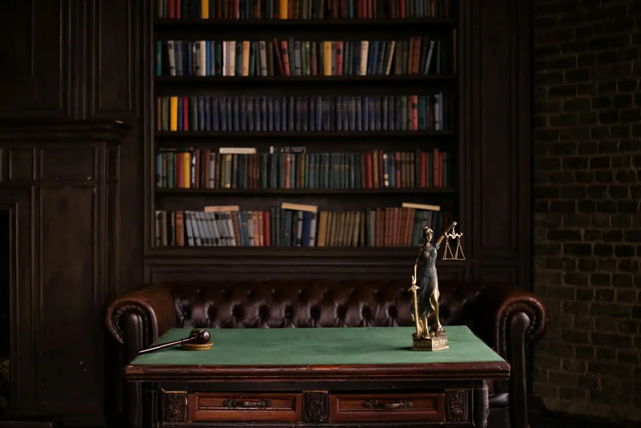 a figurine of lady justice standing on a table in front of a bookshelf
