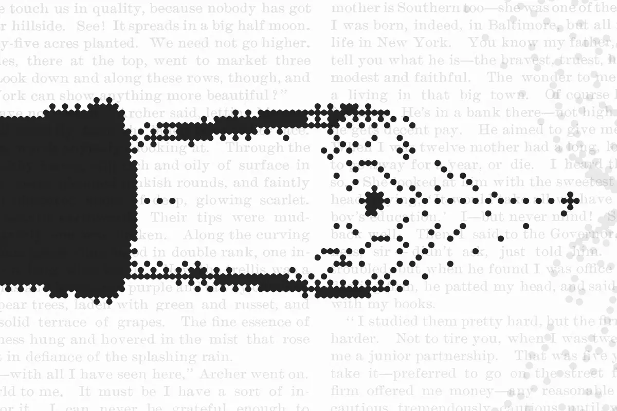 A Book Excerpt With a Pen Illustration Over It