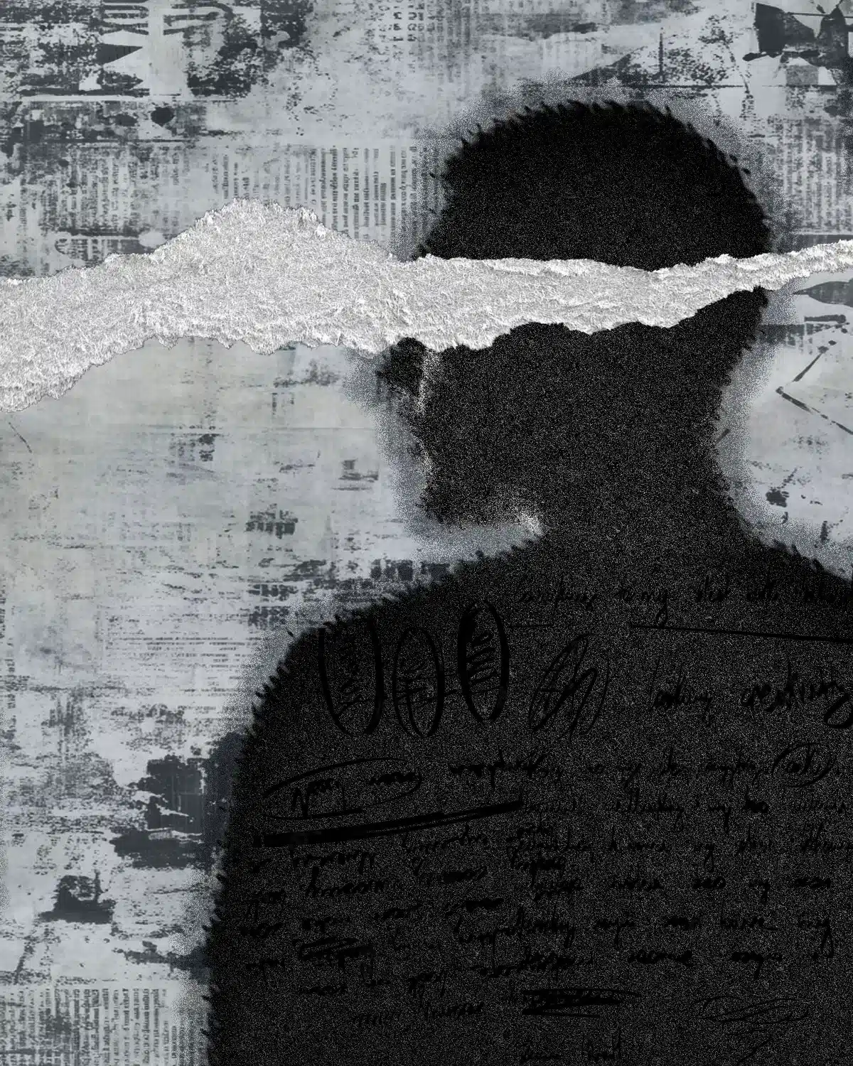Grungy Distressed Silhouette of Man with Paper Tears