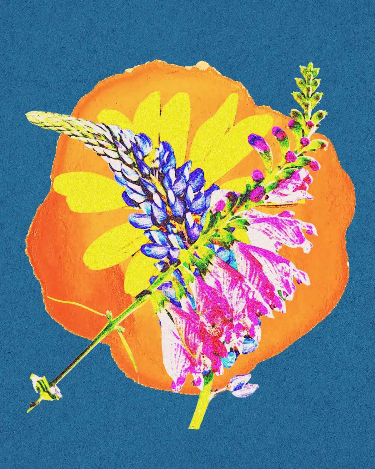 Riso Style Illustration of Wildflower Bouquet on Orange Blue Background